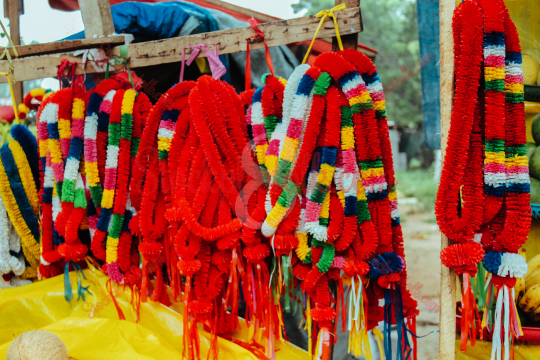 Shop with Lime Oblations, Coconuts, and Satin Ribbon Artificial Floral Hindu Deity Garland for God, Kataragama, Sri Lanka